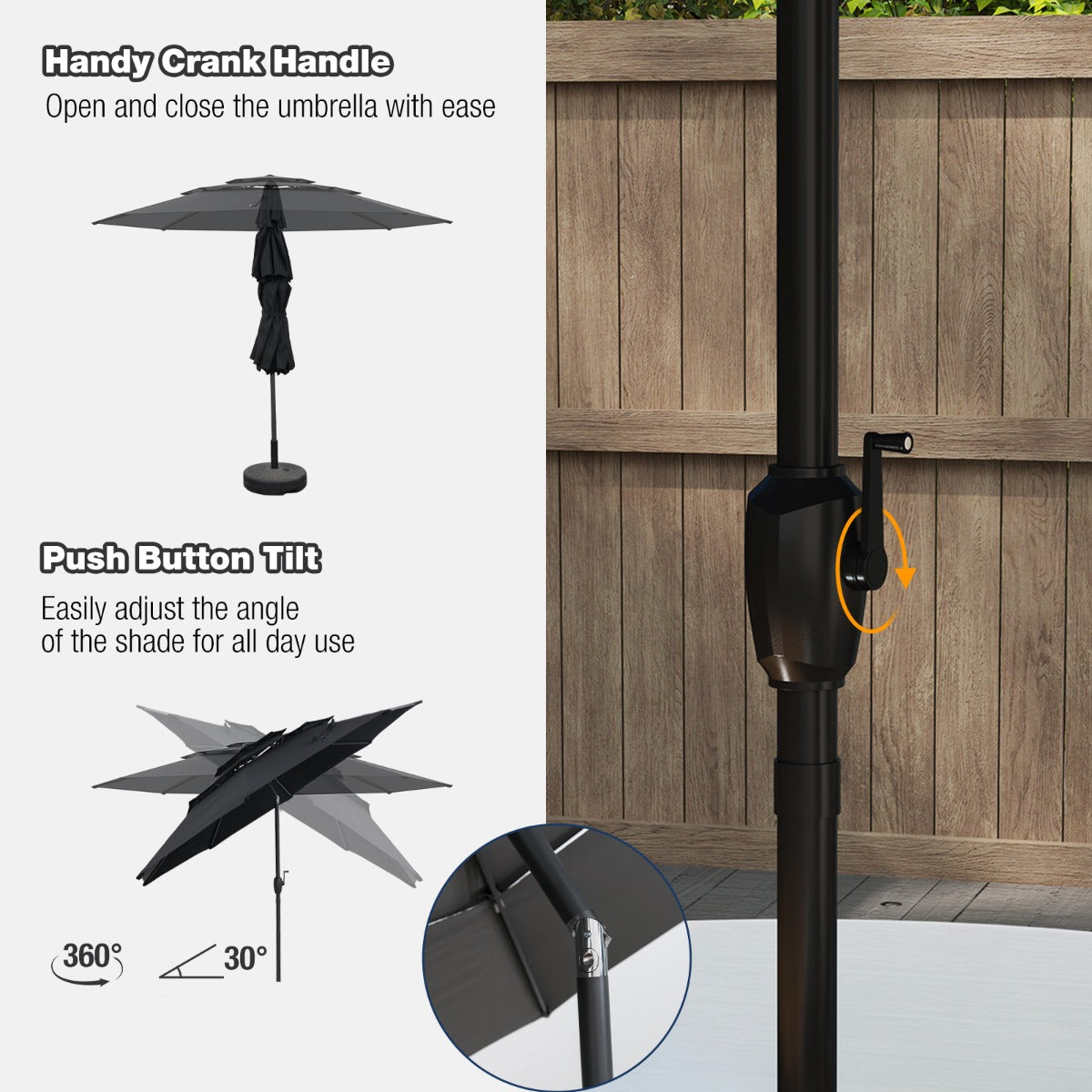 Livsk costway 300 cm grote 3 laagse parasol tafelparasol met kantelmechanisme handslinger 8 stevige ribben zonnescherm voor tuin strand zwart
