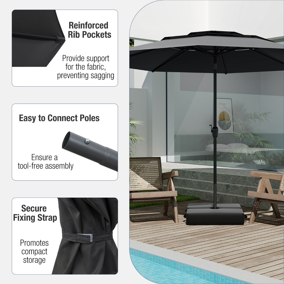 Livsk costway 300 cm grote 3 laagse parasol tafelparasol met kantelmechanisme handslinger 8 stevige ribben zonnescherm voor tuin strand zwart