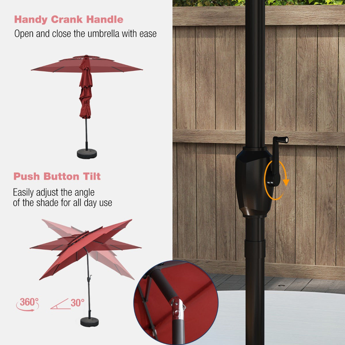 Livsk costway 300 cm grote 3 laagse parasol tafelparasol met kantelmechanisme handslinger 8 stevige ribben zonnescherm voor tuin wijnrood