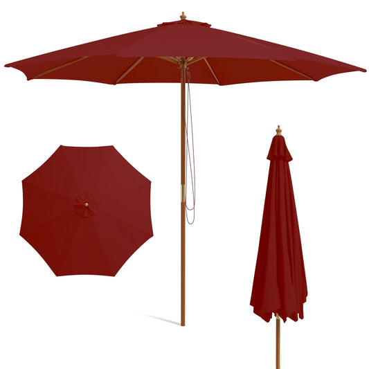 Livsk costway 300 cm grote houten parasol tafelparasol met 8 bamboostokken 300 x 300 x 262 cm wijnrood