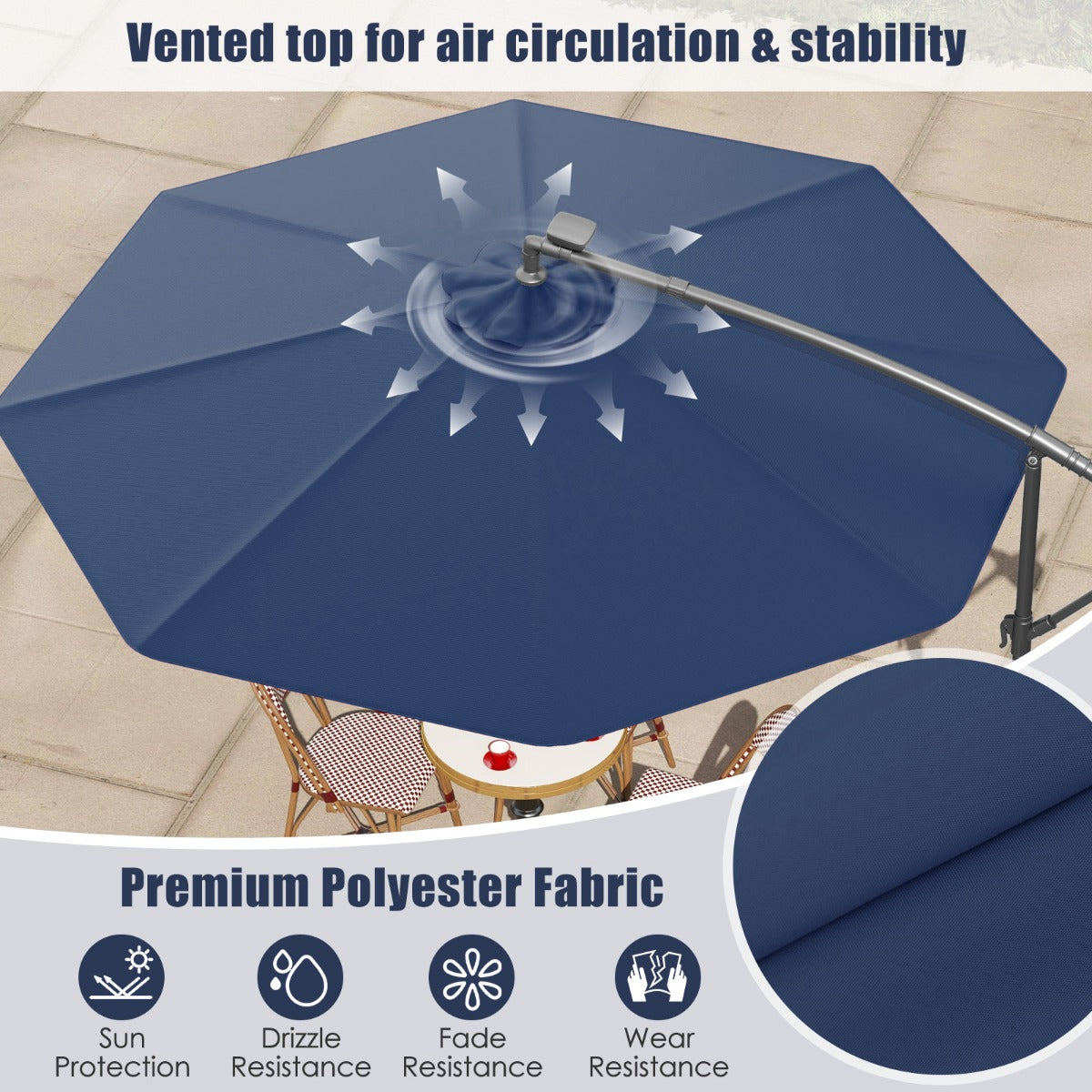 LIVSK Hangparasol op Zonne-energie - 300 x 250 cm - 40 Lampen - Verstelbaar - Duurzaam Polyester - Grijs/Donkblauw