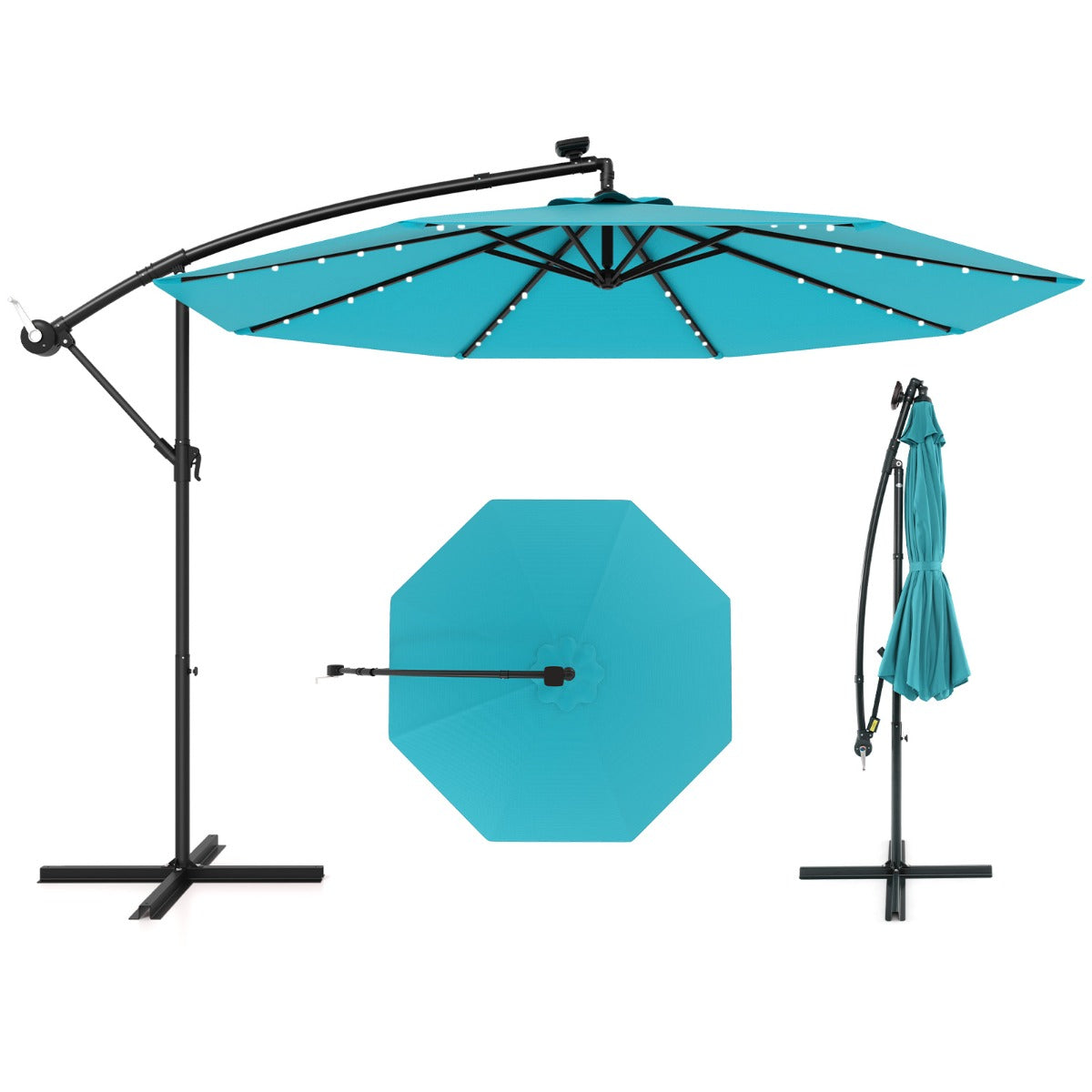 LIVSK Grote Op Zonne-energie Hangparasol - 300 x 250 cm - 40 Lampen - Kantelbaar - 7 m² Schaduw - Voor Terras en Tuin - Turquoise