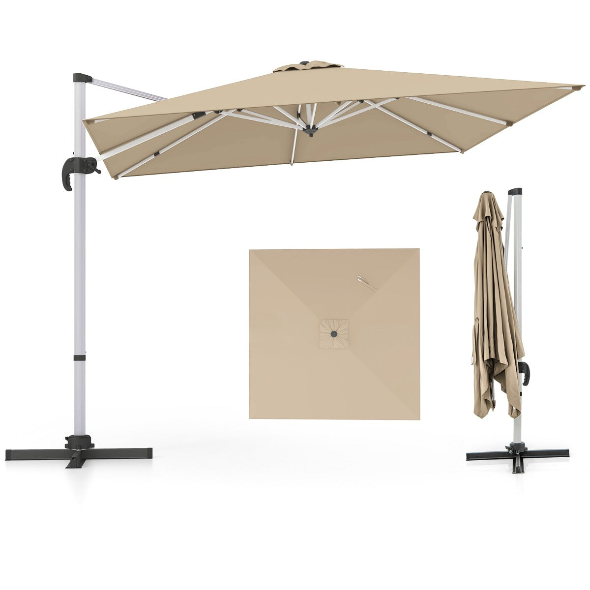 LIVSK Zweefparasol 300 x 300 x 261 cm - 360° Draaibaar - Verstelbare Helling - Waterafstotend - Aluminium - Beige