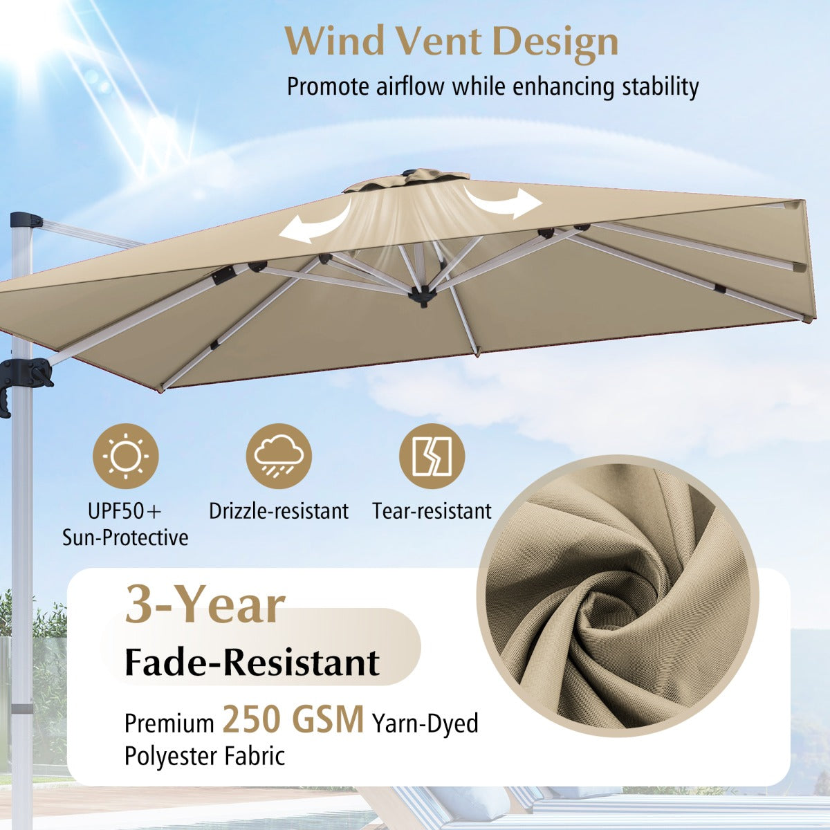 LIVSK Zweefparasol 300 x 300 x 261 cm - 360° Draaibaar - Verstelbare Helling - Waterafstotend - Aluminium - Beige