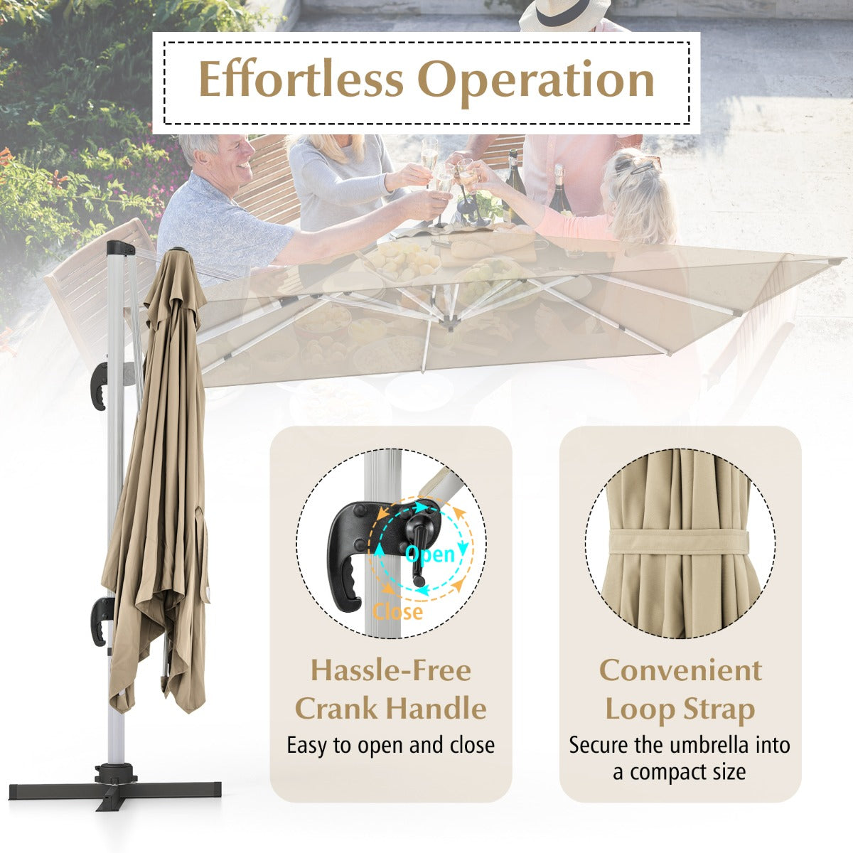 LIVSK Zweefparasol 300 x 300 x 261 cm - 360° Draaibaar - Verstelbare Helling - Waterafstotend - Aluminium - Beige
