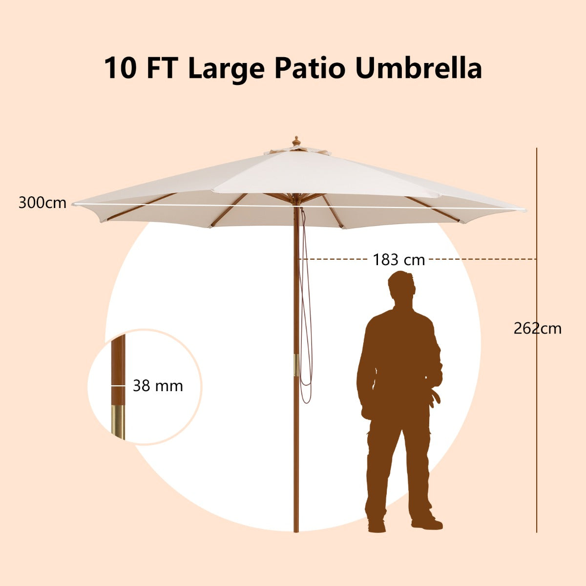 Livsk costway 300 cm houten terrasparasol tafelparasol met 8 bamboe baleinen 3 verstelbare hoogtes touwkatrol voor tuin terras beige