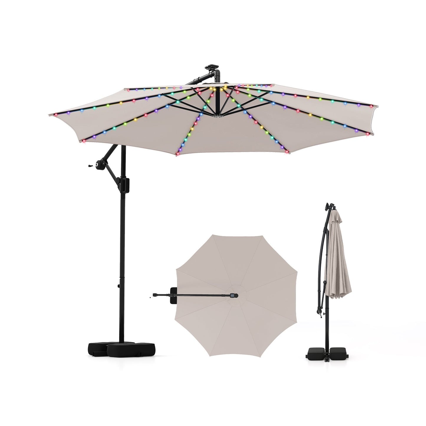 LIVSK 300 cm Parasol met 96 LED-lampen - 9 Verlichtingsmodi - Verstelbare Hellingshoek - Stabiele Zandzakken - Beige