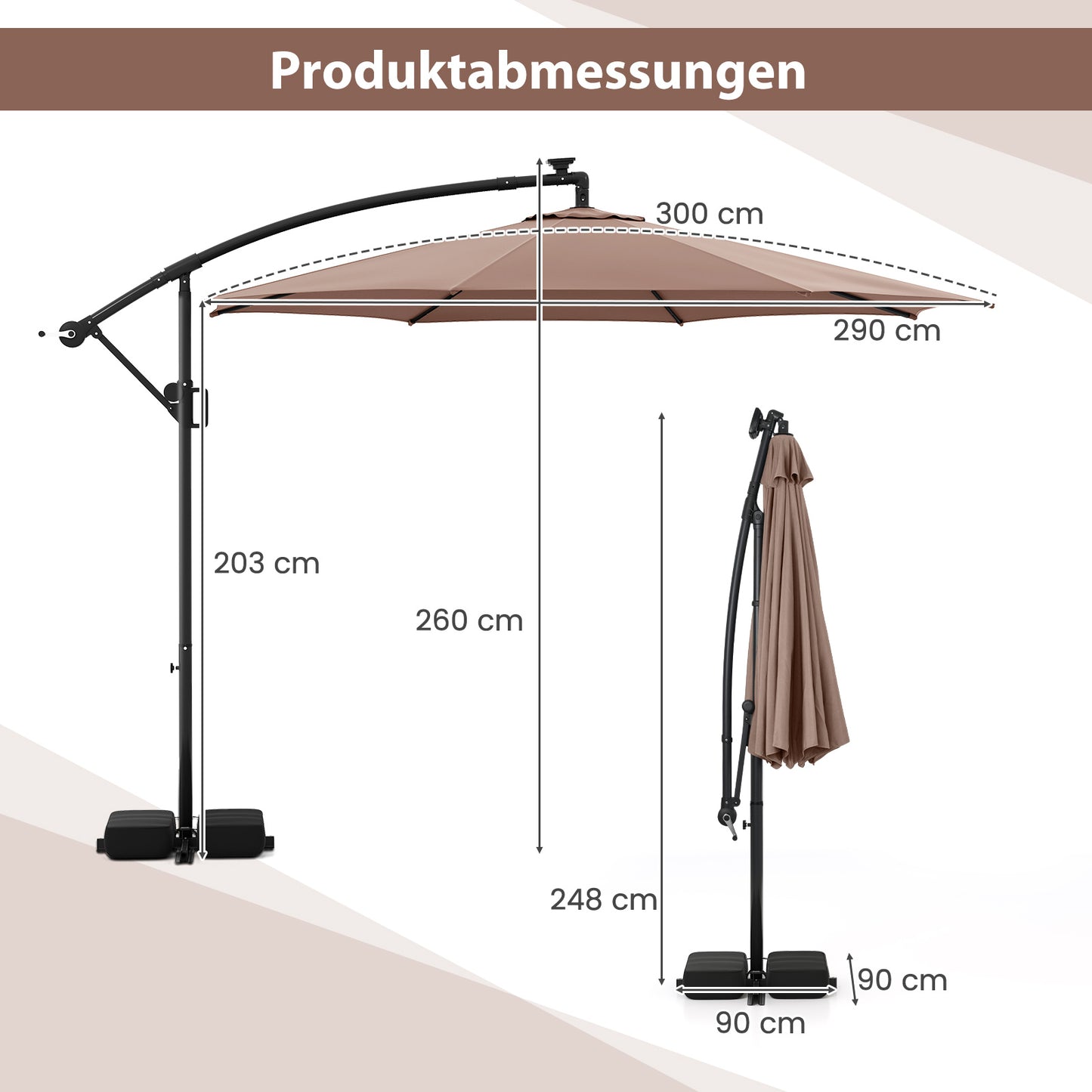 LIVSK Hangparasol met 96 LED's en 9 Verlichtingsmodi - 360° Rotatie - Stevige Constructie - 300 x 260 cm - Bruin