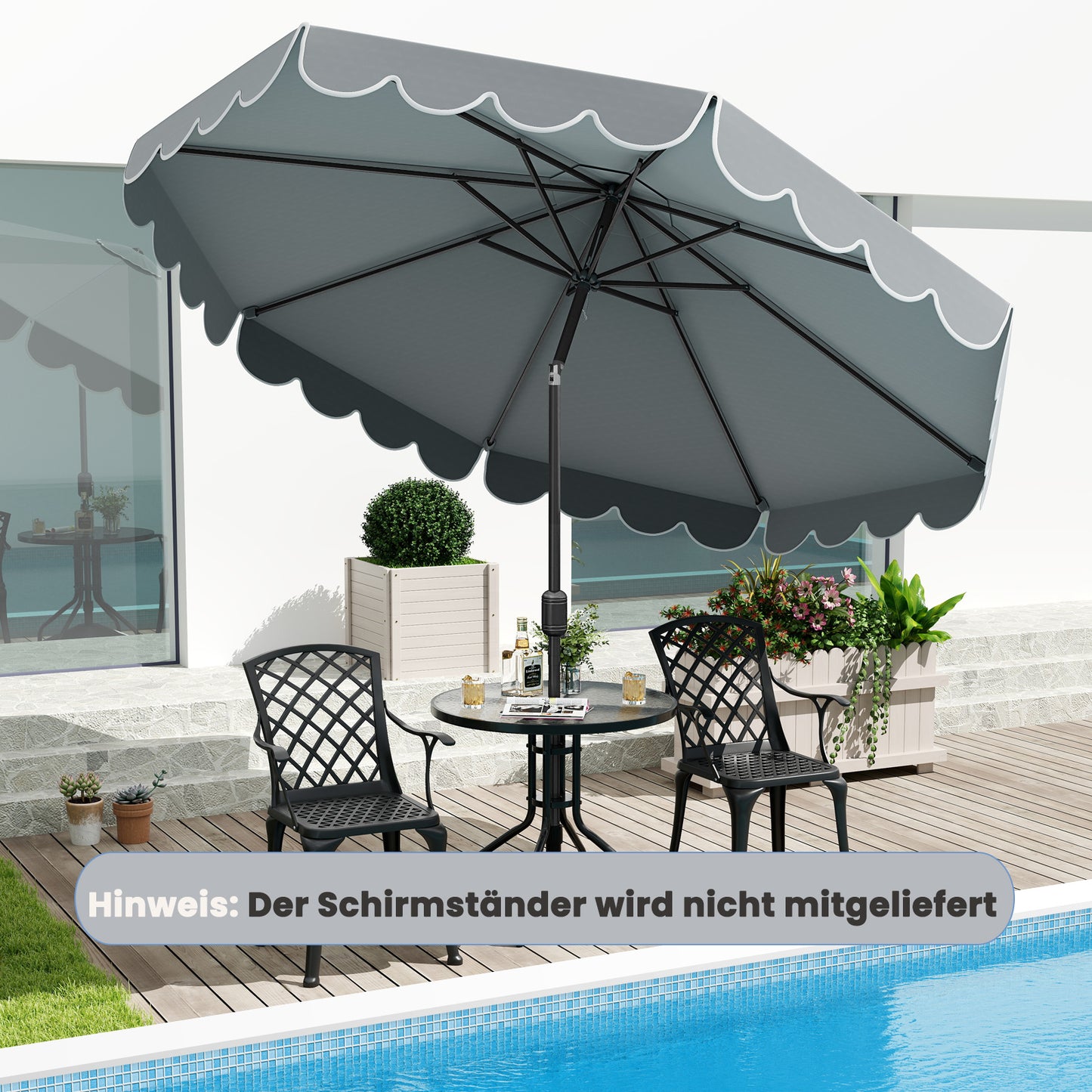LIVSK Dubbelzijdige Terrasparasol met Ruches - Kantelbaar - 3 x 2,5 m - Zonbestendig en Waterafstotend - Grijs