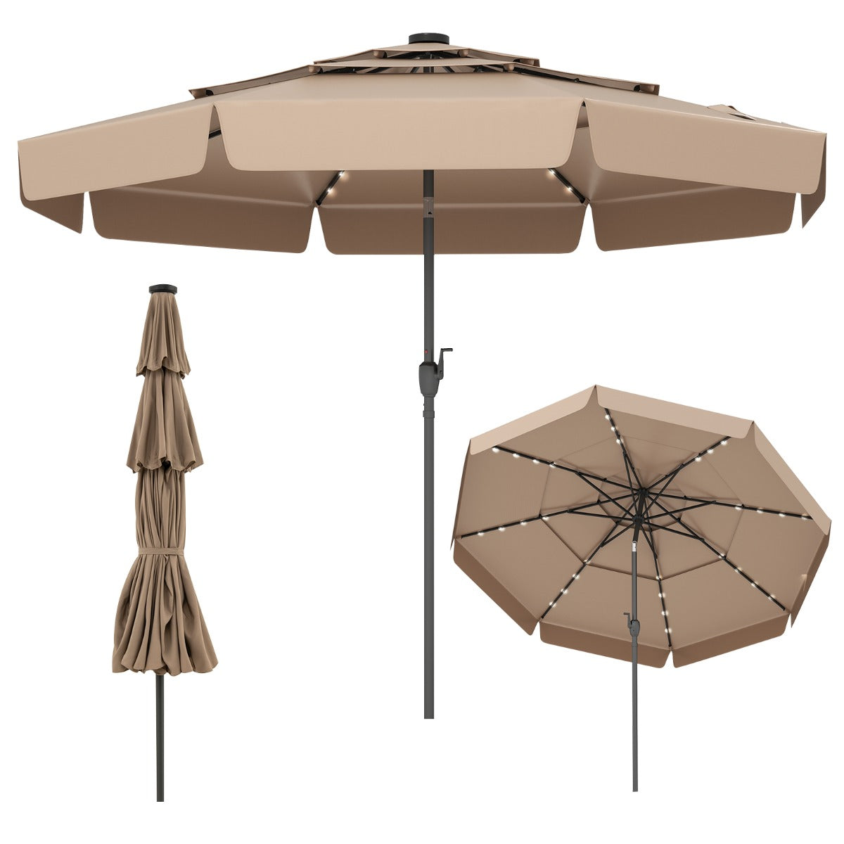 LIVSK Solar Parasol met Kantelverstelling - Geventileerd met 32 LED-lampjes - Hoogwaardige Polyester - 300 x 248 cm - Grijs