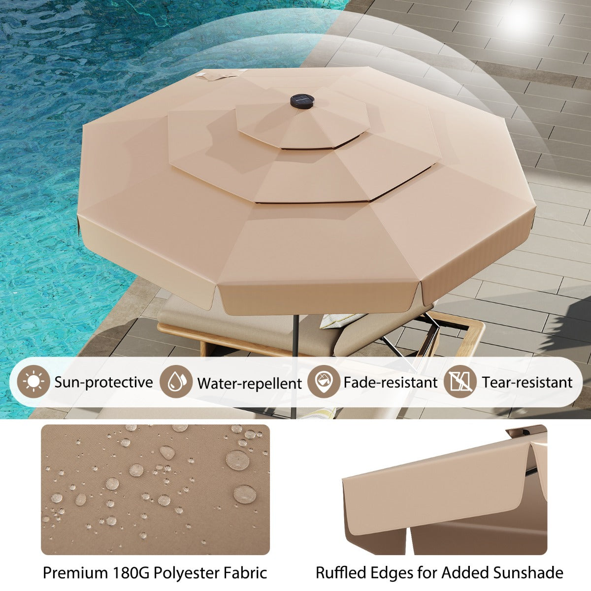 LIVSK Solar Parasol met Kantelverstelling - Geventileerd met 32 LED-lampjes - Hoogwaardige Polyester - 300 x 248 cm - Grijs