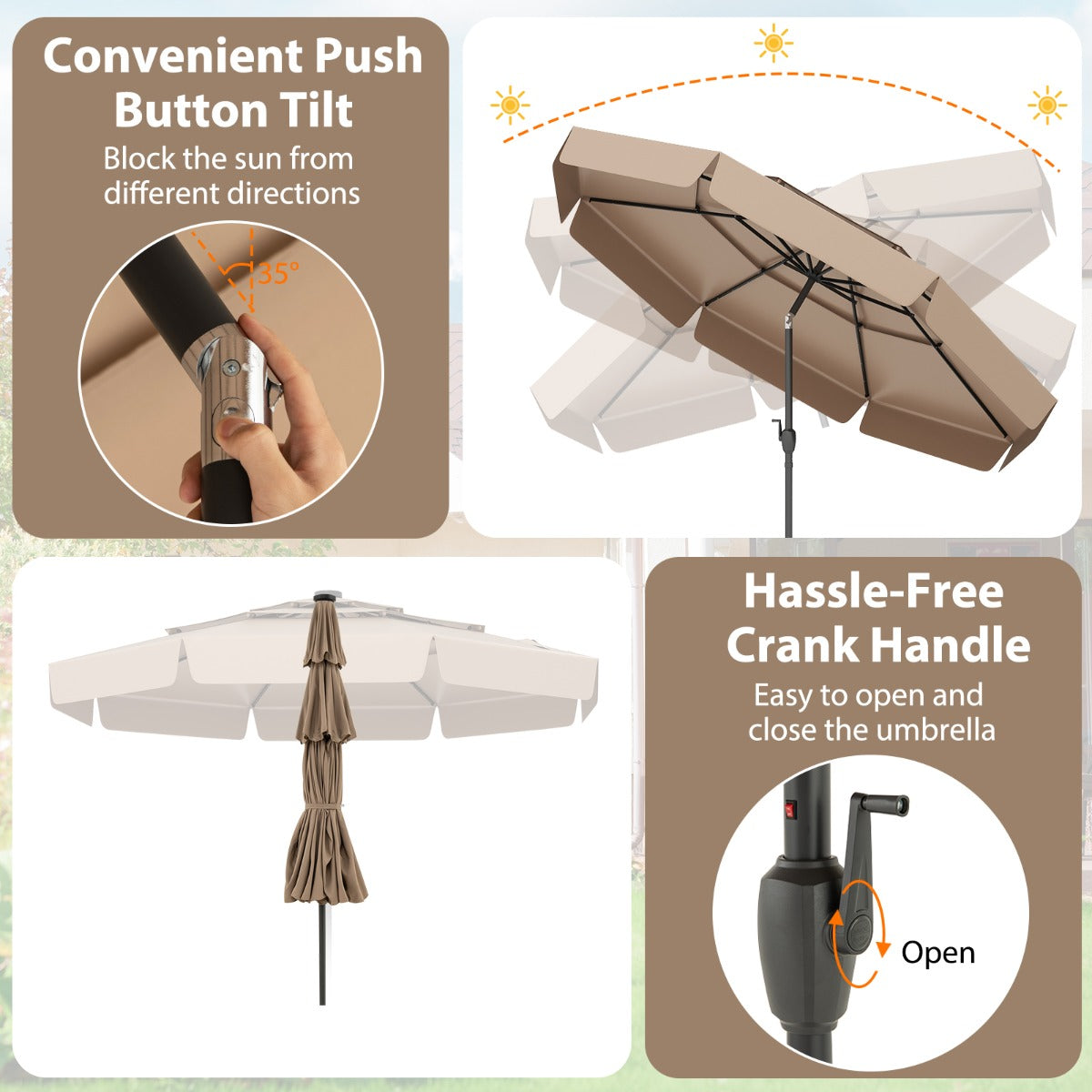 LIVSK Solar Parasol met Kantelverstelling - Geventileerd met 32 LED-lampjes - Hoogwaardige Polyester - 300 x 248 cm - Grijs