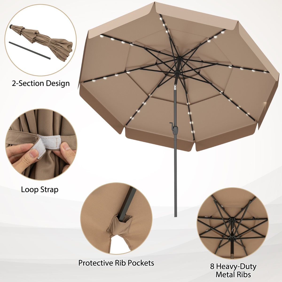 LIVSK Solar Parasol met Kantelverstelling - Geventileerd met 32 LED-lampjes - Hoogwaardige Polyester - 300 x 248 cm - Grijs
