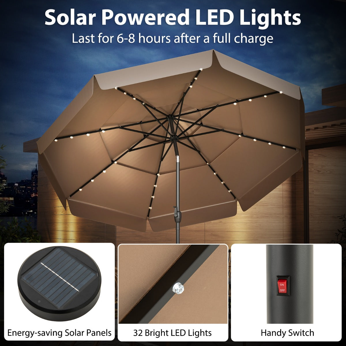 LIVSK Solar Parasol met Kantelverstelling - Geventileerd met 32 LED-lampjes - Hoogwaardige Polyester - 300 x 248 cm - Grijs