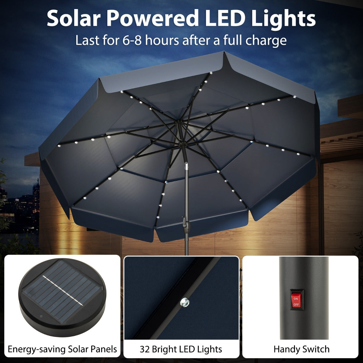 LIVSK Zonne-energie Terrasparasol - Geventileerde Bovenkant - Kantelbaar - 32 LED's - 300 x 248 cm - Grijs