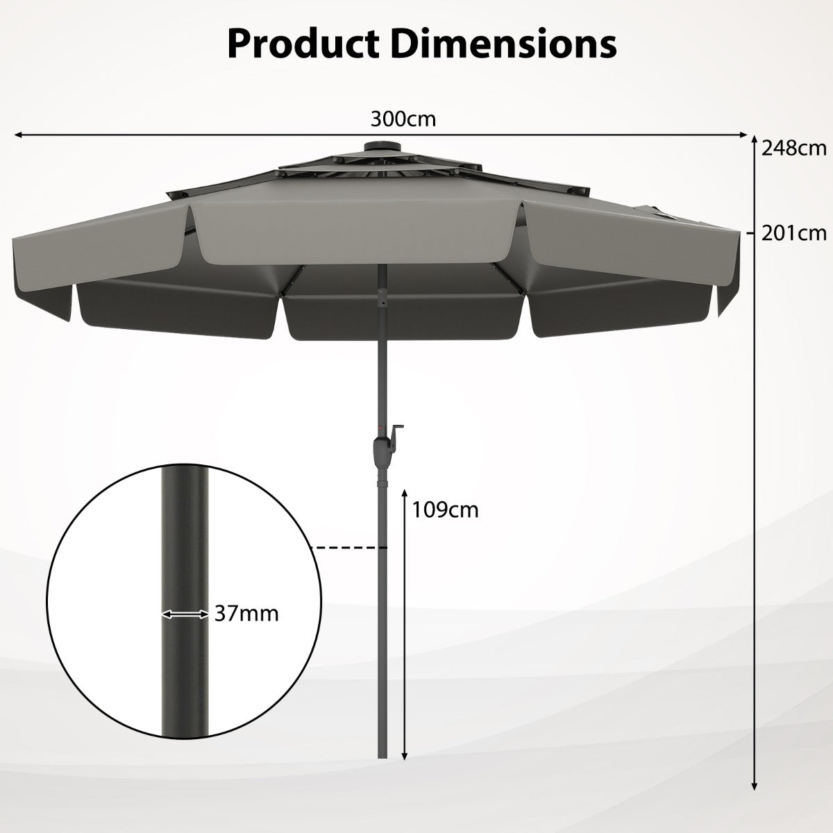 LIVSK Zonne-energie Terrasparasol - Geventileerd met Kantelverstelling - 32 LED's - Polyester - 300 x 248 cm - Grijs
