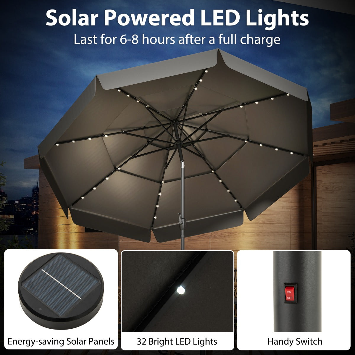 LIVSK Zonne-energie Terrasparasol - Geventileerd met Kantelverstelling - 32 LED's - Polyester - 300 x 248 cm - Grijs