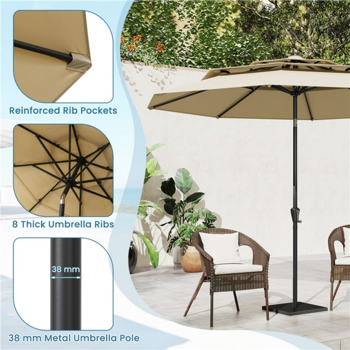 Livsk costway 300 cm terrasparasol met geventileerd 3 niveau dak grote buitenparasol met drukknop kantelen slinger 8 stijve baleinen beige