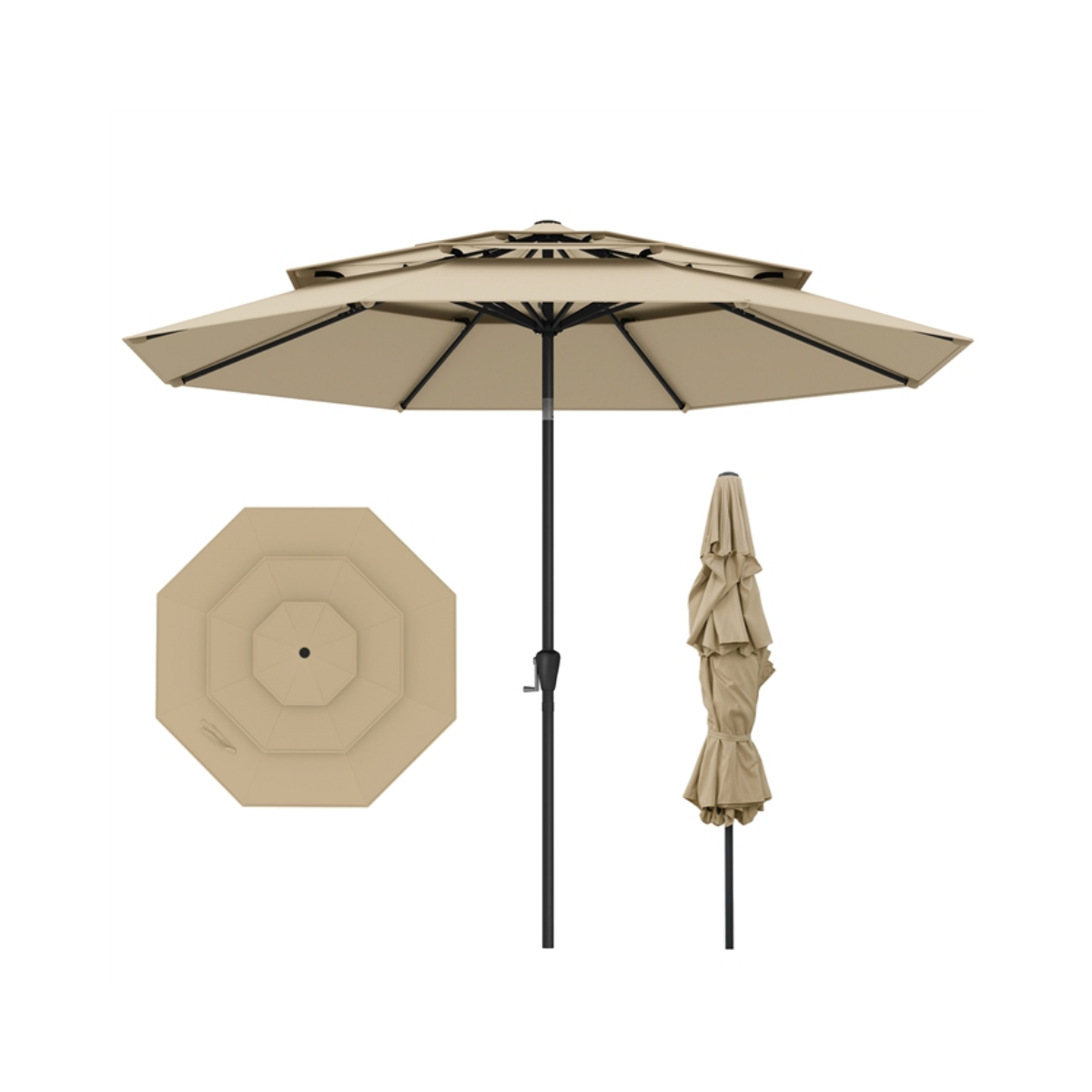 Livsk costway 300 cm terrasparasol met geventileerd 3 niveau dak grote buitenparasol met drukknop kantelen slinger 8 stijve baleinen beige
