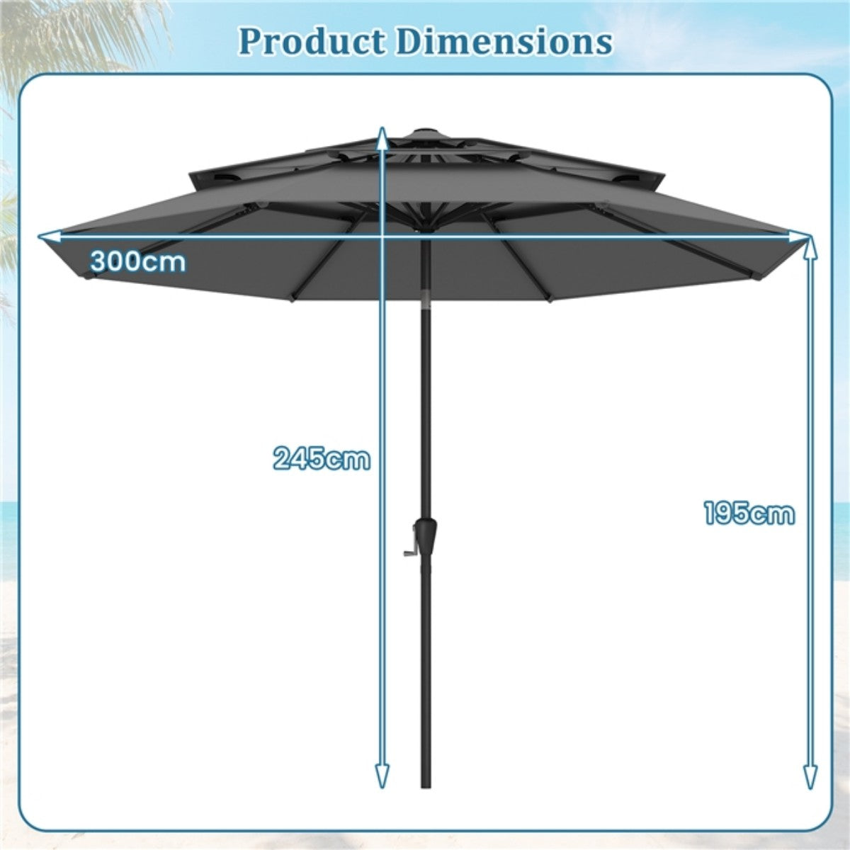 Livsk costway 300 cm terrasparasol met geventileerd 3 niveau dak grote buitenparasol met drukknop kantelen slinger 8 stijve baleinen grijs
