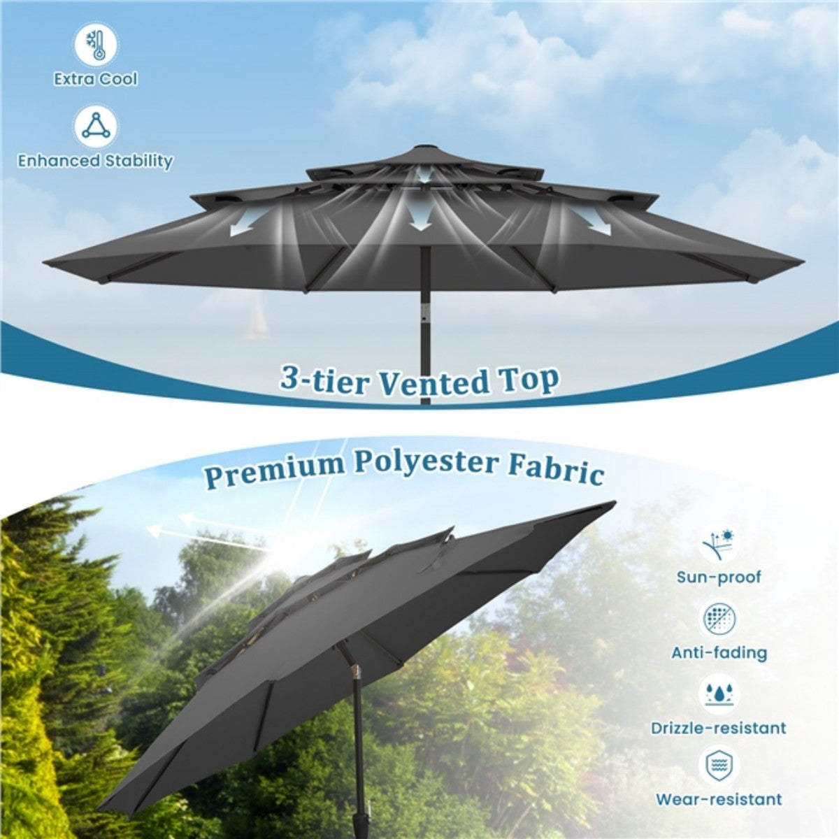 Livsk costway 300 cm terrasparasol met geventileerd 3 niveau dak grote buitenparasol met drukknop kantelen slinger 8 stijve baleinen grijs