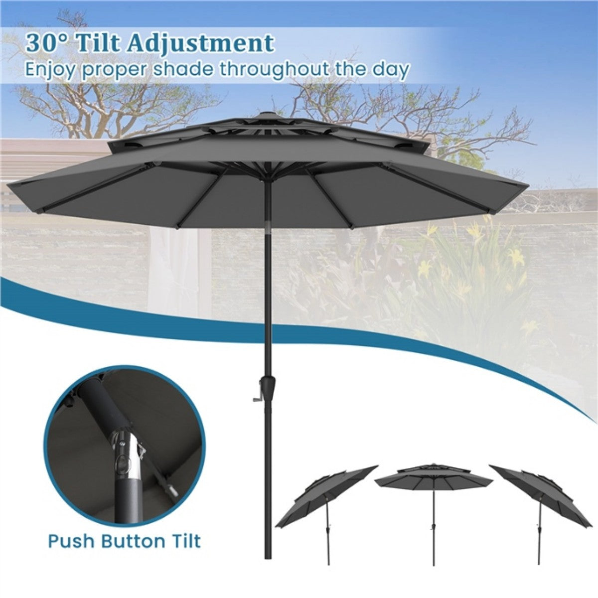 Livsk costway 300 cm terrasparasol met geventileerd 3 niveau dak grote buitenparasol met drukknop kantelen slinger 8 stijve baleinen grijs