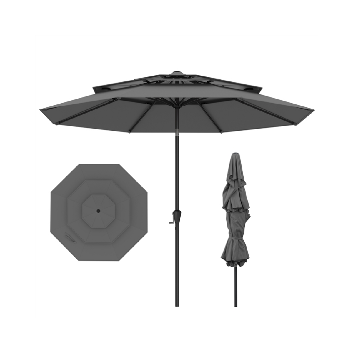 Livsk costway 300 cm terrasparasol met geventileerd 3 niveau dak grote buitenparasol met drukknop kantelen slinger 8 stijve baleinen grijs