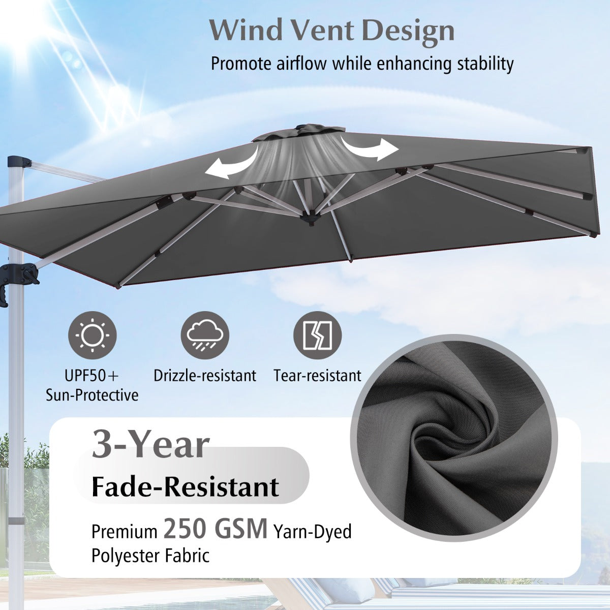 LIVSK Offset Parasol 300 x 300 cm - 360° Draai- en Kantelverstelling - Stevige Constructie - Geverfd Polyester - Zwart