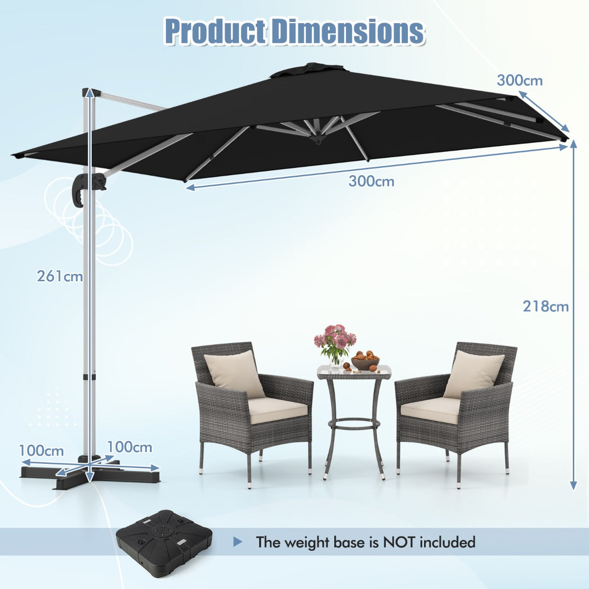 LIVSK Offset Parasol 300 x 300 cm - 360° Rotatie - 5 Verstelbare Hoeken - Stevig en Winddicht - Zwart