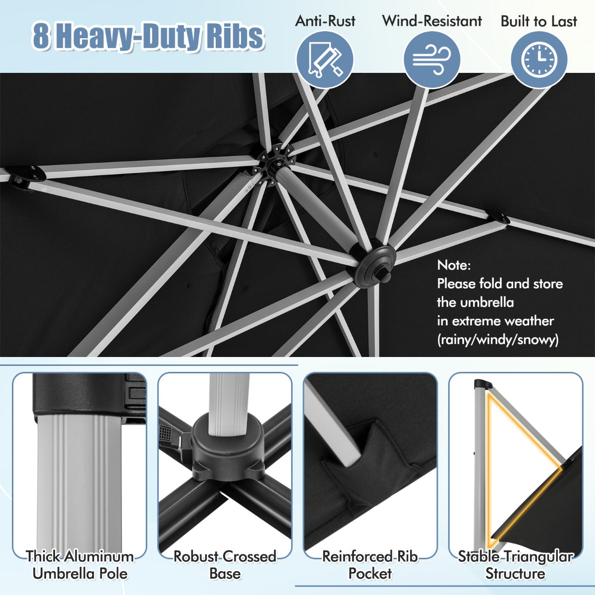 LIVSK Offset Parasol 300 x 300 cm - 360° Rotatie - 5 Verstelbare Hoeken - Stevig en Winddicht - Zwart