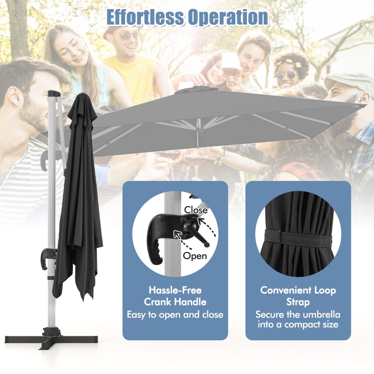 LIVSK Offset Parasol 300 x 300 cm - 360° Rotatie - 5 Verstelbare Hoeken - Stevig en Winddicht - Zwart