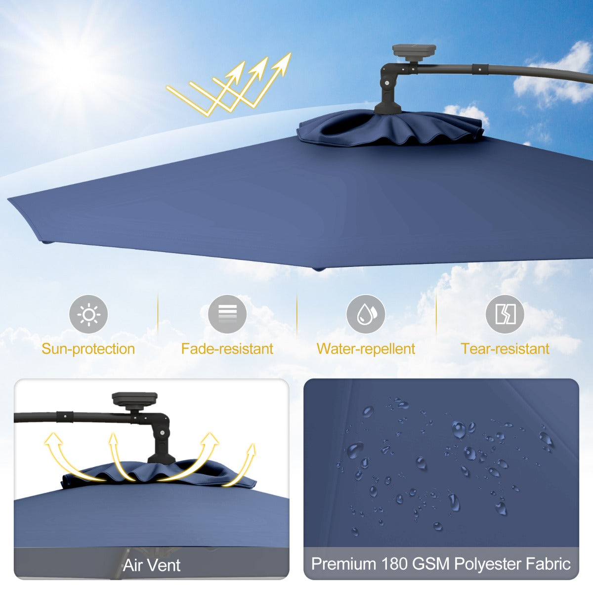 LIVSK Offset Parasol 300 cm - LED-verlichting op zonne-energie - 360° draaibaar - Eenvoudig te openen - Beige