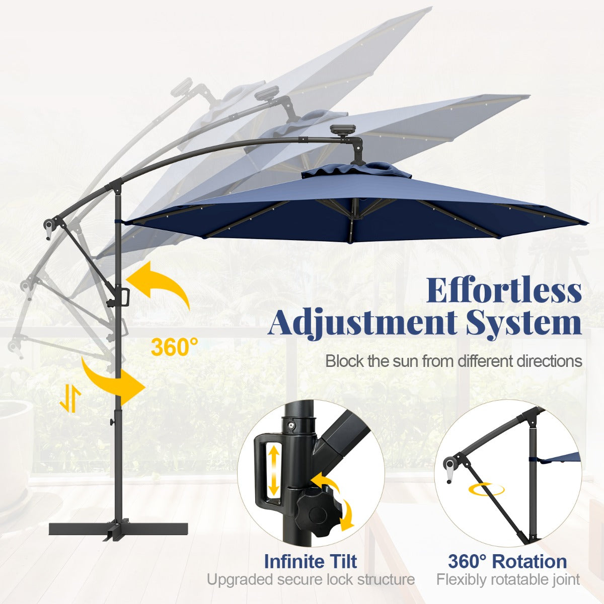 LIVSK Offset Parasol 300 cm - LED-verlichting op zonne-energie - 360° draaibaar - Eenvoudig te openen - Beige