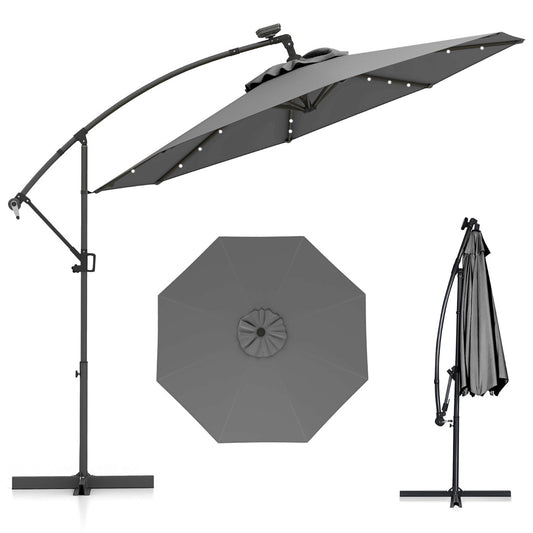 LIVSK Offset Parasol 300 cm met Zonne-energie LED's - Kantelbaar en 360° Draaiend - Waterafstotend - Voor Buiten - Grijs