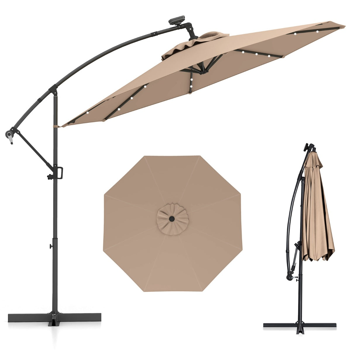 LIVSK Offset Parasol 300 cm - Met Afstandsbediening en 32 LED's - Kantelbaar en 360° Draaiend - Stevige Constructie - Beige
