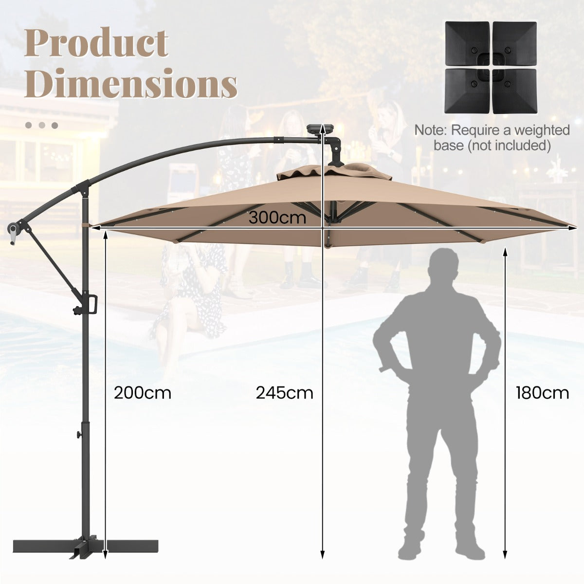 LIVSK Offset Parasol 300 cm - Met Afstandsbediening en 32 LED's - Kantelbaar en 360° Draaiend - Stevige Constructie - Beige
