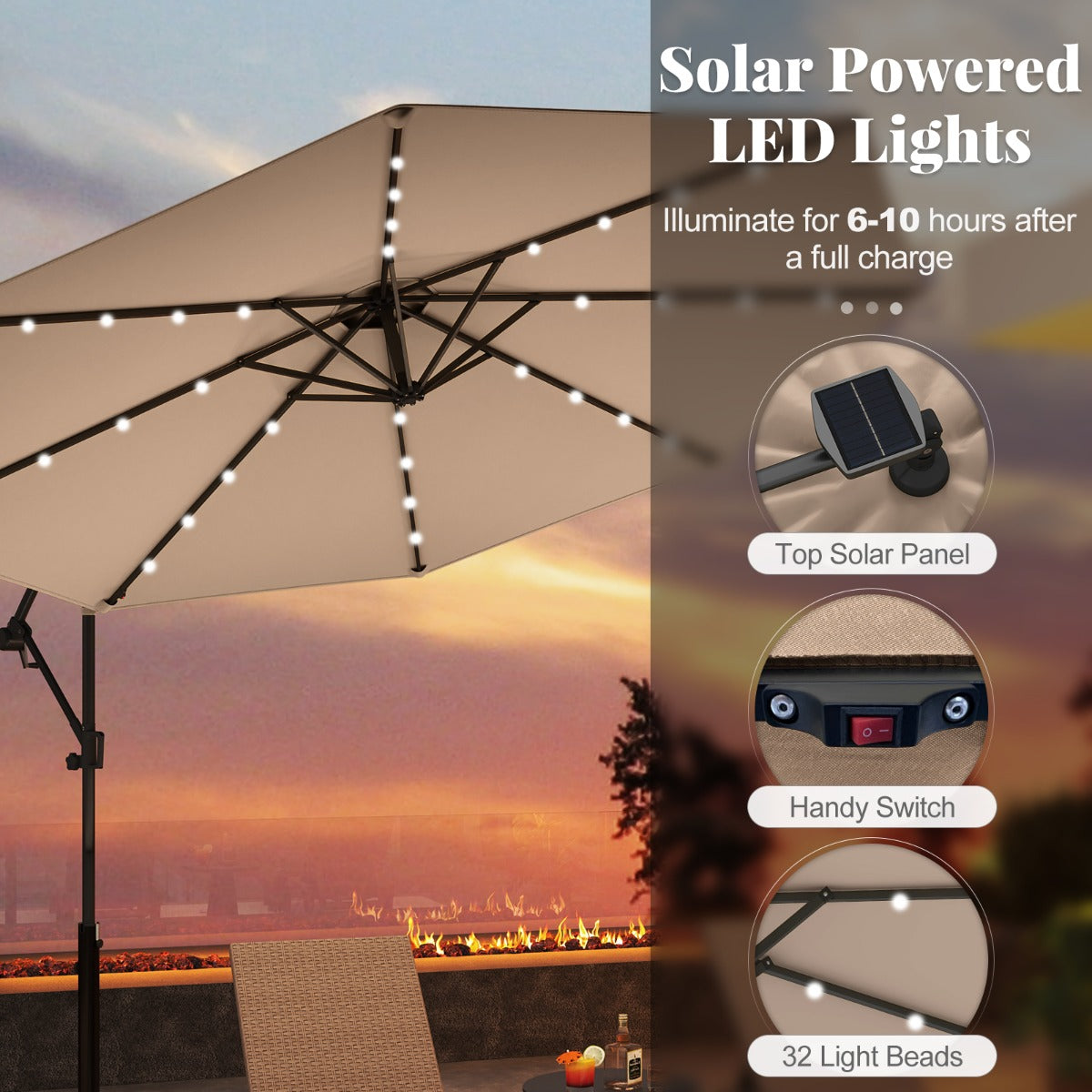 LIVSK Offset Parasol 300 cm - Met Afstandsbediening en 32 LED's - Kantelbaar en 360° Draaiend - Stevige Constructie - Beige
