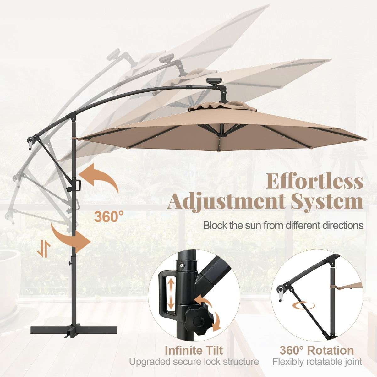 LIVSK Offset Parasol 300 cm - Met Afstandsbediening en 32 LED's - Kantelbaar en 360° Draaiend - Stevige Constructie - Beige