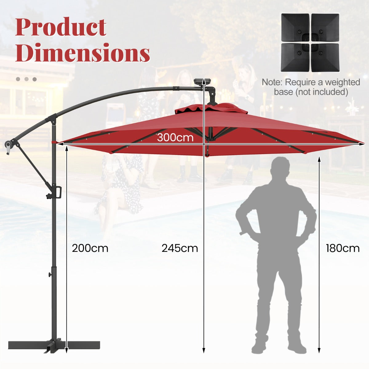 LIVSK Offset Parasol 300 cm - 32 LED's op Zonne-energie - Kantelmechanisme - Waterafstotend - Stabiele Constructie - Beige