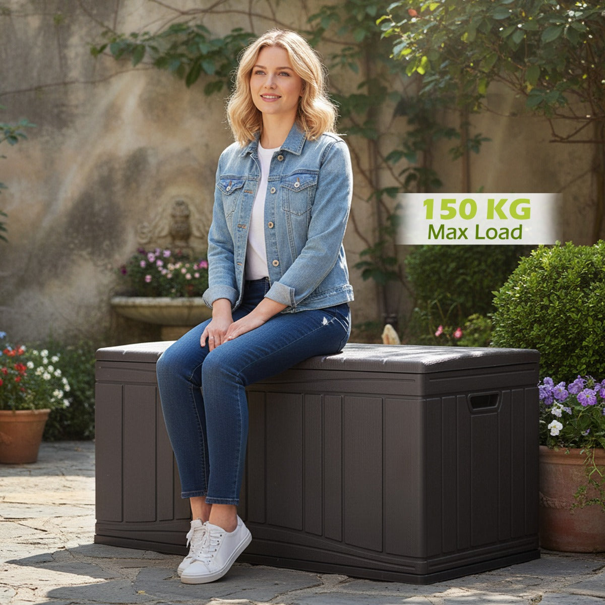 Livsk costway 300 l tuinbox grote hdpe opbergbox met gasveren en afsluitbaar deksel waterbestendige outdoorbox van kunststof bruin 4