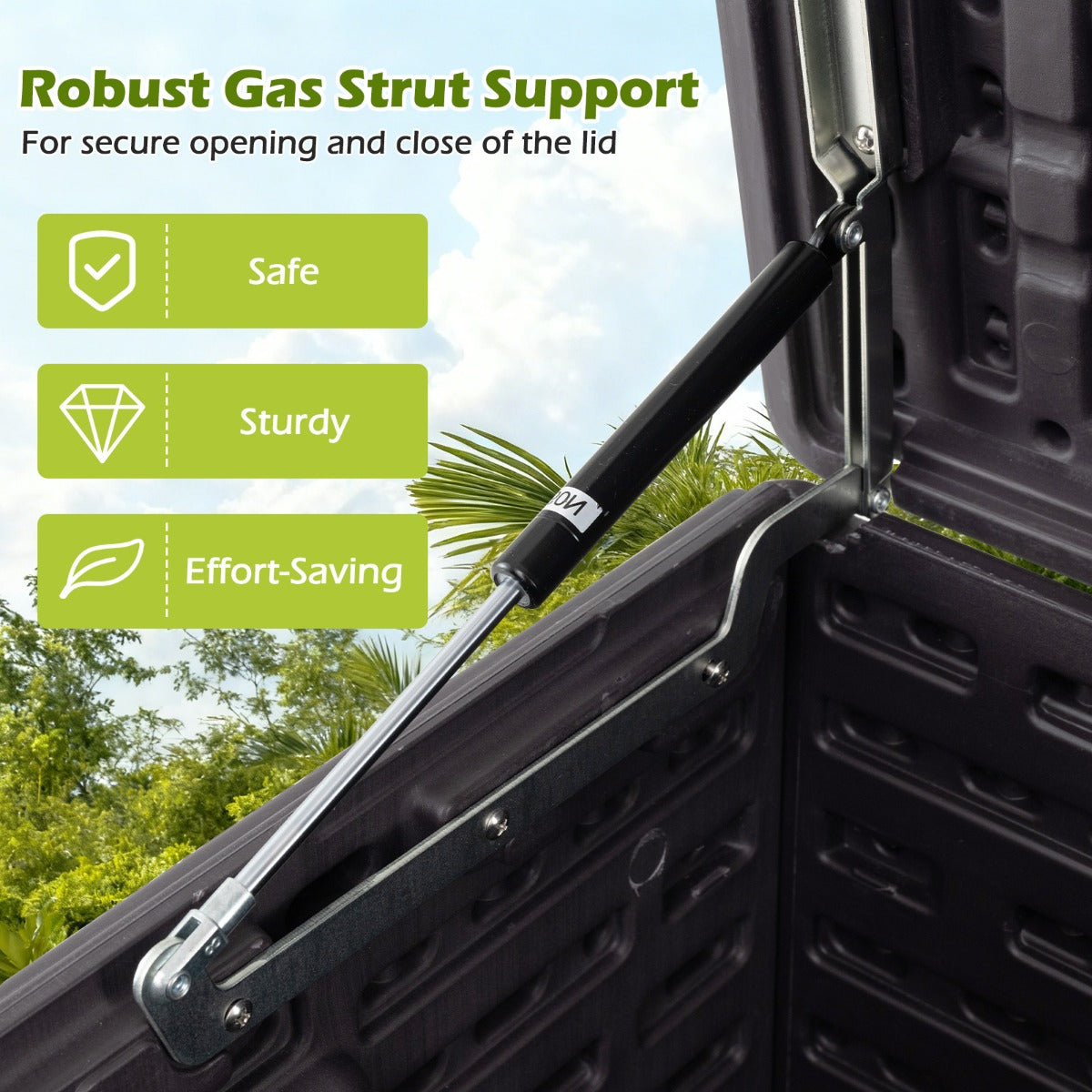 Livsk costway 300 l tuinbox grote hdpe opbergbox met gasveren en afsluitbaar deksel waterbestendige outdoorbox van kunststof bruin 5