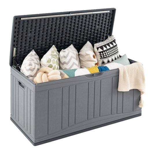 Livsk costway 300 l tuinbox grote hdpe opbergbox met gasveren en afsluitbaar deksel waterbestendige outdoorbox van kunststof grijs