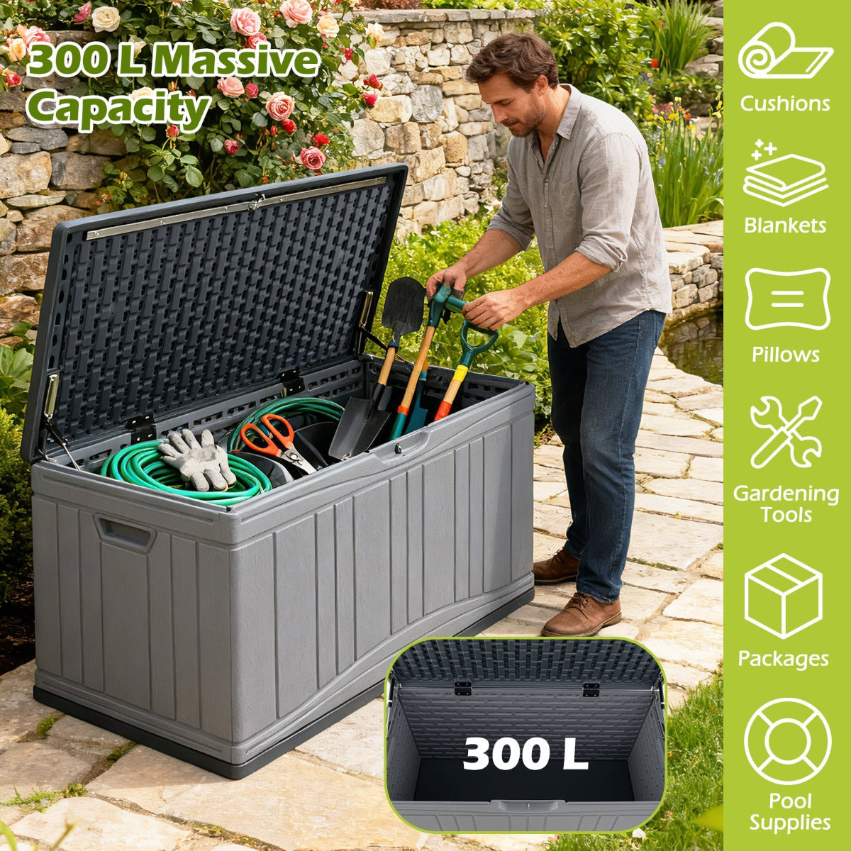 Livsk costway 300 l tuinbox grote hdpe opbergbox met gasveren en afsluitbaar deksel waterbestendige outdoorbox van kunststof grijs 3
