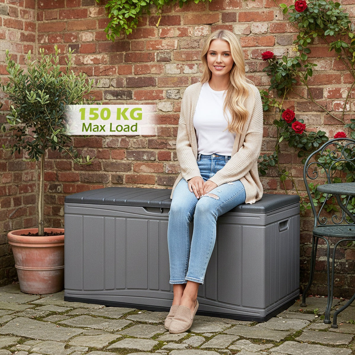 Livsk costway 300 l tuinbox grote hdpe opbergbox met gasveren en afsluitbaar deksel waterbestendige outdoorbox van kunststof grijs 4