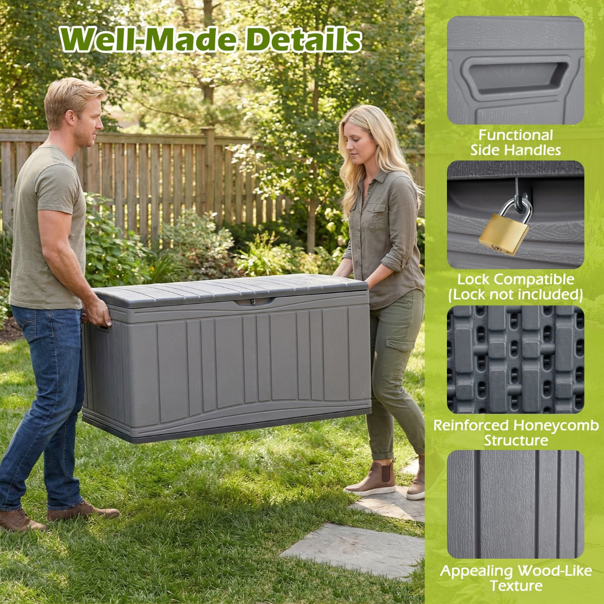 Livsk costway 300 l tuinbox grote hdpe opbergbox met gasveren en afsluitbaar deksel waterbestendige outdoorbox van kunststof grijs 6