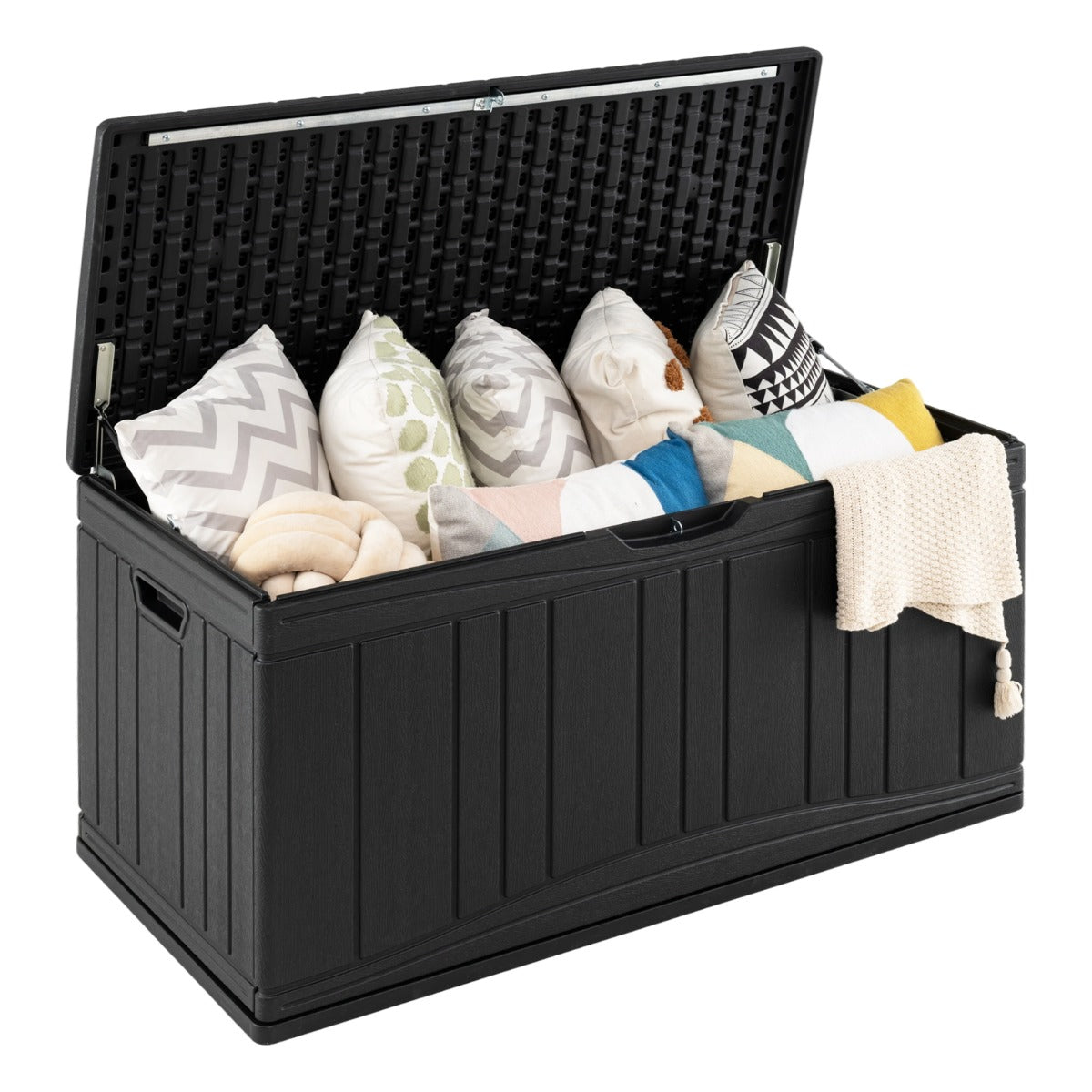 Livsk costway 300 l tuinbox grote hdpe opbergbox met gasveren en afsluitbaar deksel waterbestendige outdoorbox van kunststof zwart