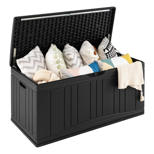 Livsk costway 300 l tuinbox grote hdpe opbergbox met gasveren en afsluitbaar deksel waterbestendige outdoorbox van kunststof zwart