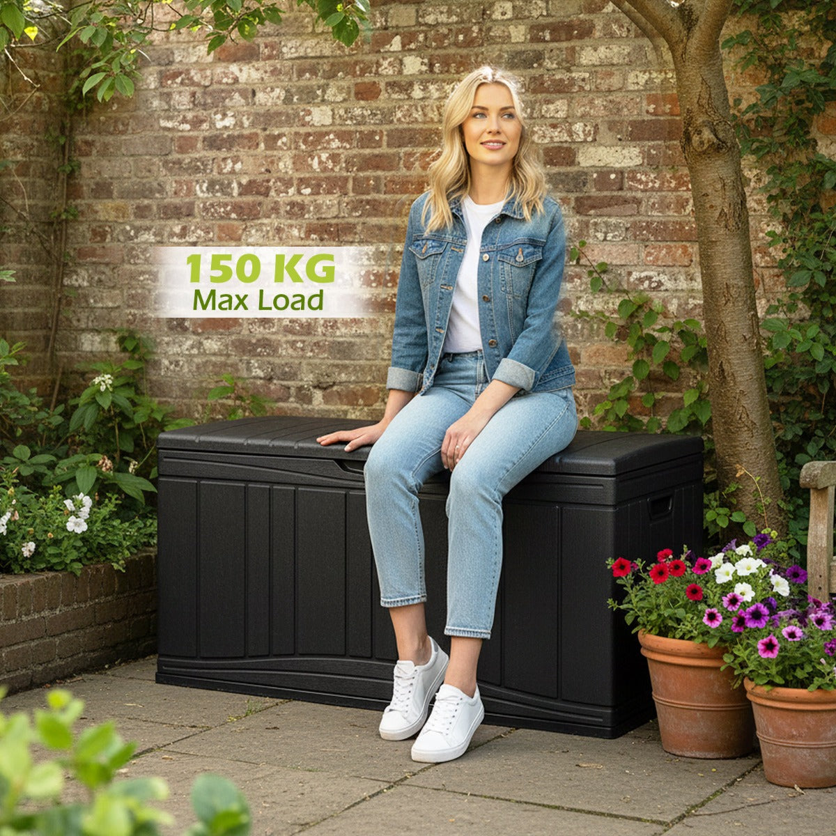 Livsk costway 300 l tuinbox grote hdpe opbergbox met gasveren en afsluitbaar deksel waterbestendige outdoorbox van kunststof zwart 4