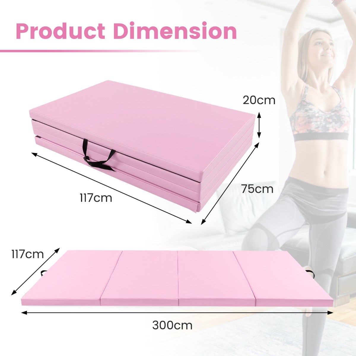 LIVSK Opvouwbare Gymnastiekmat - 5 cm EPE-schuim - Klittenbandsluiting - Handgrepen - 300 x 117 cm - Lichtroze