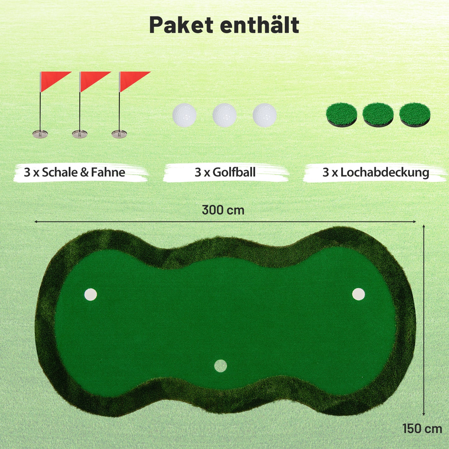 LIVSK Golf Puttingmat - 3 Gaten met Afneembare Deksels - Hoogdicht Gras - Antislip EVA-bodem - Voor Binnen en Buiten - Groen